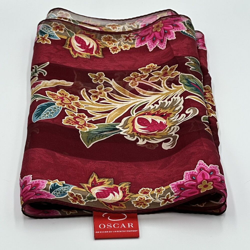 Oscar De La Renta Vintage Silk Floral Scarf 11”X 52” Burgundy, Gold, Bright Pink - Picture 6 of 11